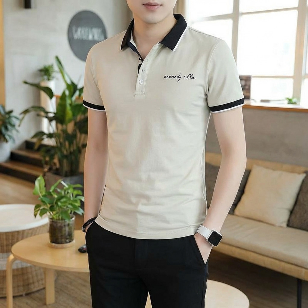 Chaistyle เสื้อยืดแขนสั้นของผู้ชาย เสื้อโปโลคอปก เสื้อโปโลเกาหลี สไตล์วินเทจแบบเรียบง่าย