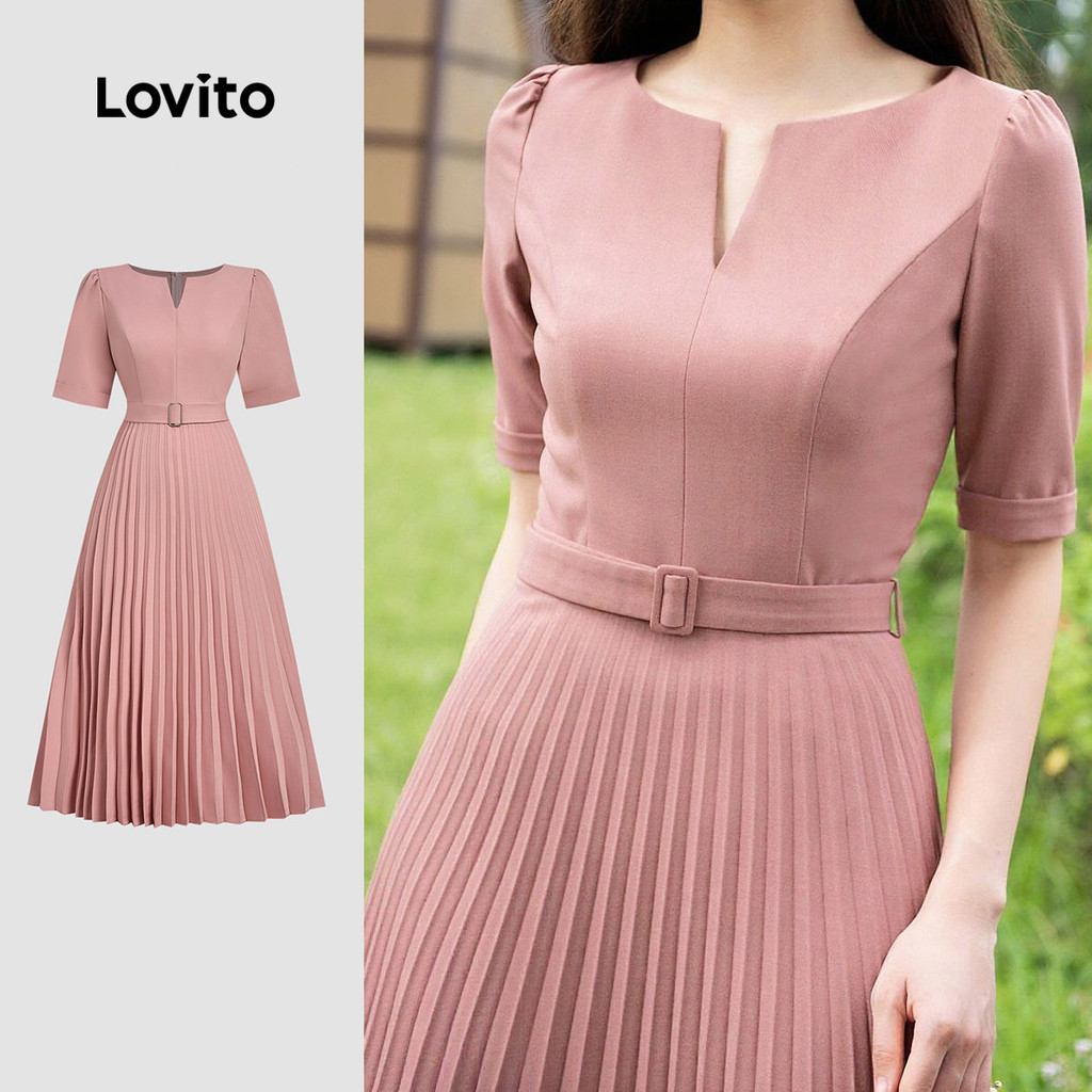 Lovito สง่างาม เดรสผู้หญิงสีชมพูสําหรับฤดูใบไม้ผลิ/ฤดูร้อน ตกแต่งจีบพร้อมเข็มขัด LBL33117