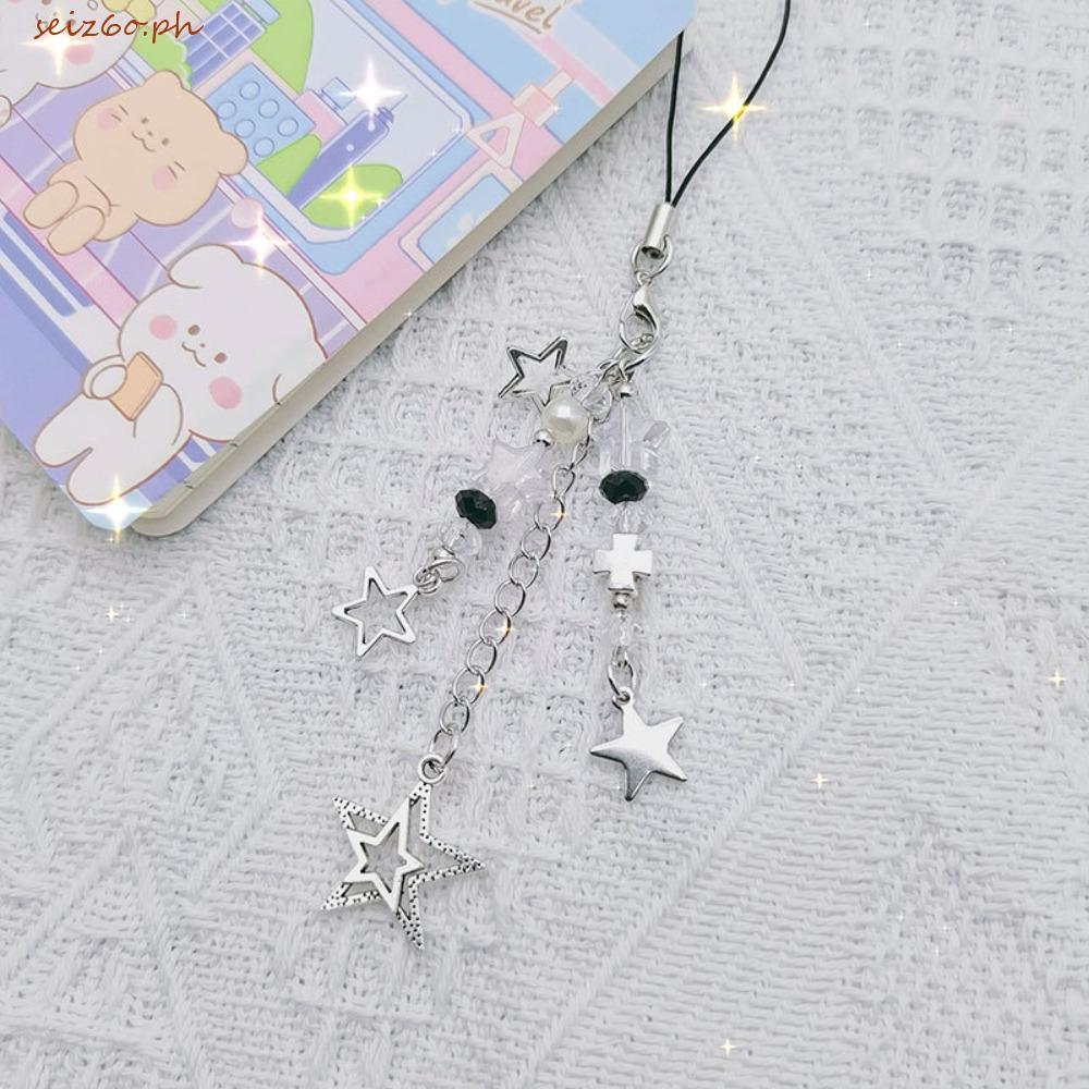 SEIZ6O Y2k Star & Cross Phone Chain, Spice Girl Style Key Chain Silver Pentagram Phone Pendant, Kawa