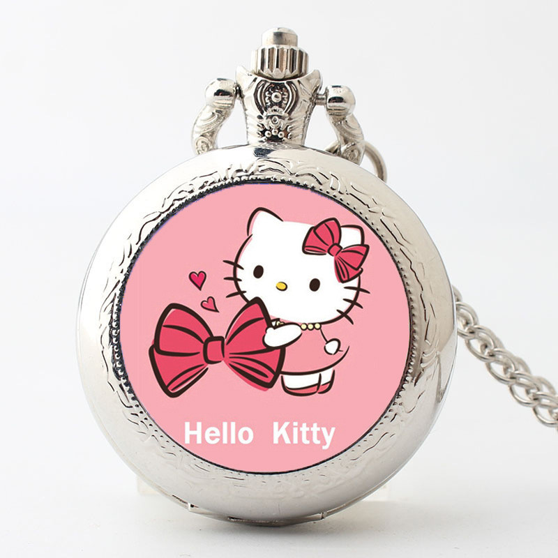 Hello Kitty KT Cat Pocket Watch Watch สร้อยคอ Wall Watch Student Flip Metal Watch Time Cross Hello K