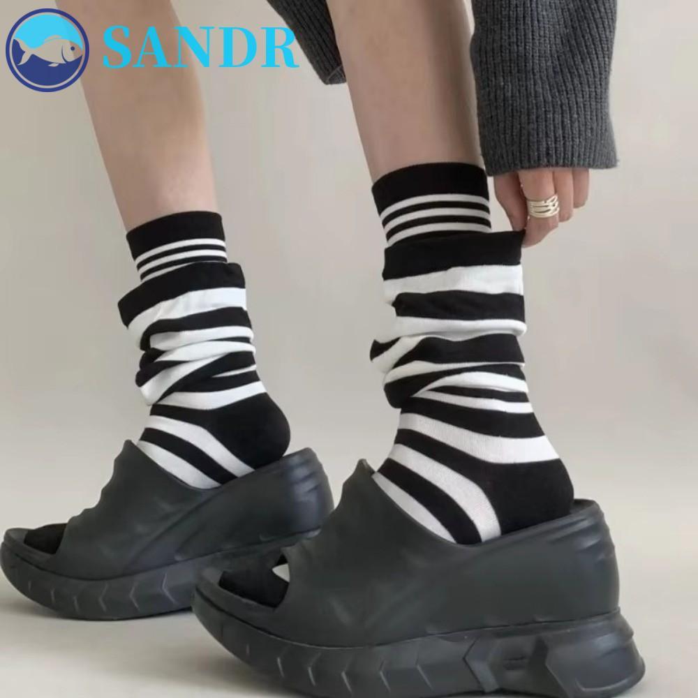 SANDR 4 คู่ Ruffle Stripe Stocking, ปลอมสองชิ้นหลวมลายถุงเท้ากอง, Simple Warm Patchwork สบายผู้หญิงข