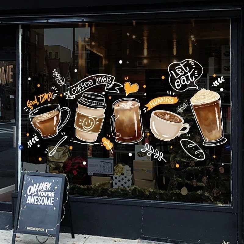 ร้านกาแฟตกแต่งสติกเกอร์หน้าต่างร้านกาแฟฉากเค้าโครงสติกเกอร์ประตูกระจก