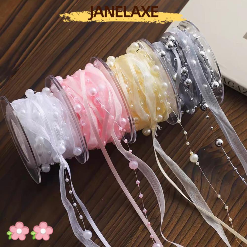 JANELAXE932JN ริบบิ้นมุก, วัสดุ Florist ห่อของขวัญเส้นด้ายลูกปัด, ตกแต่ง 1 ม้วน 4.5 เมตร DIY เสื้อผ้