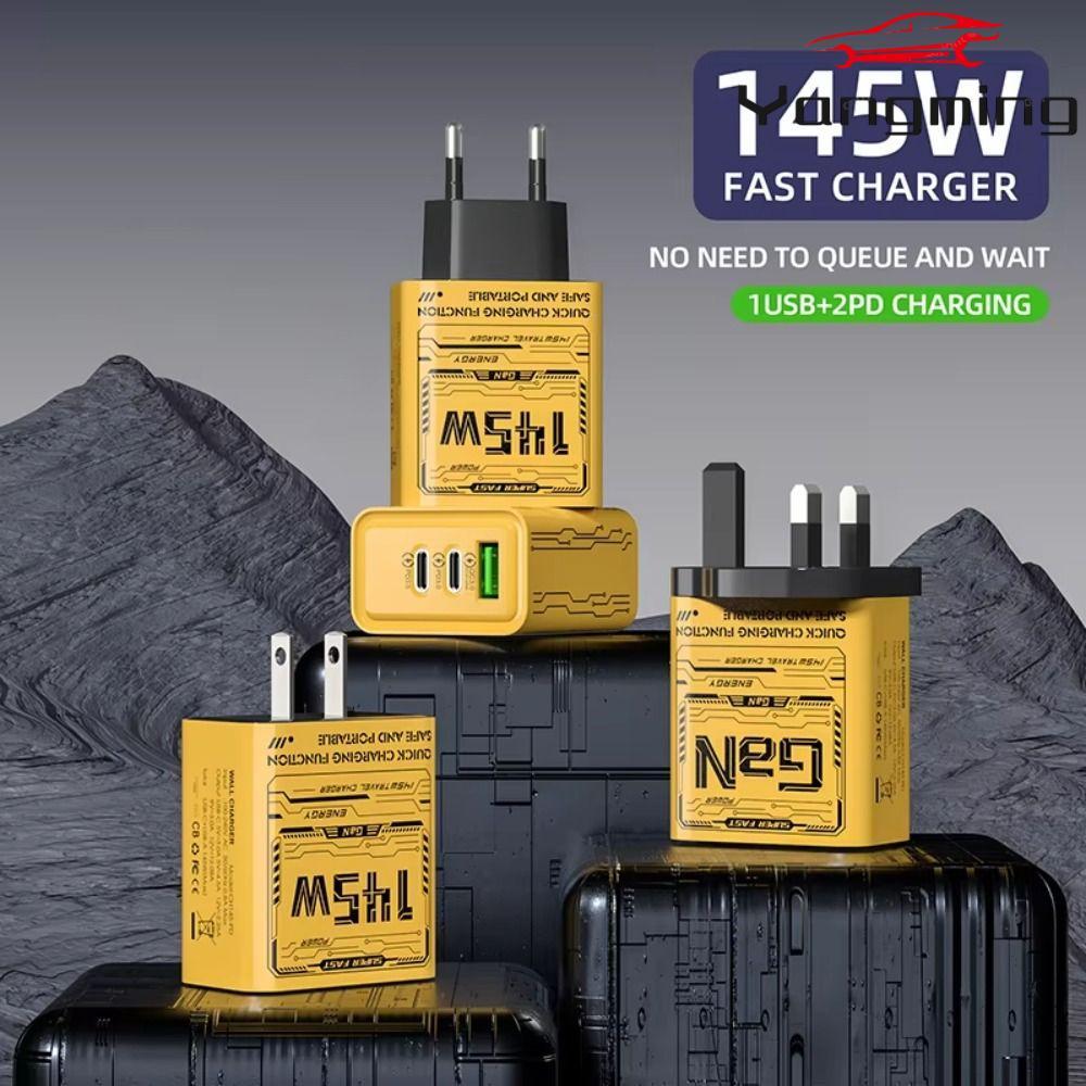 YANGMING 145W GaN ปลั๊กชาร์จ, PD QC3.0 3 พอร์ตอะแดปเตอร์ชาร์จโทรศัพท์, Fast Charging USB A + C EU/US