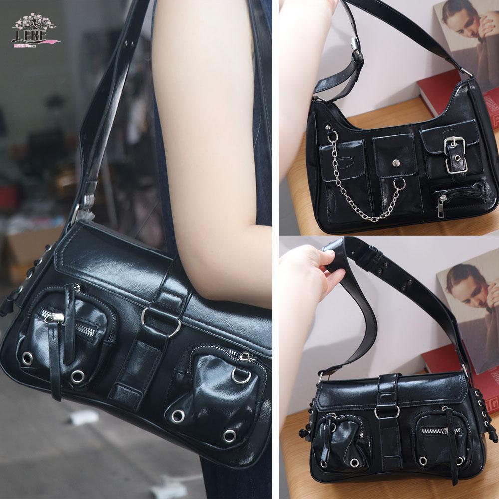 JEREMY1 PU Crossbody Bag, Pocket Gothic Leather Handbag, Elegant Y2K Korean Style Aesthetic Underarm