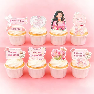 ชุดท็อปเปอร์เค้กวันแม่สีชมพู – รูปแม่ด้วยทิวลิป & สโลแกนหัวใจ