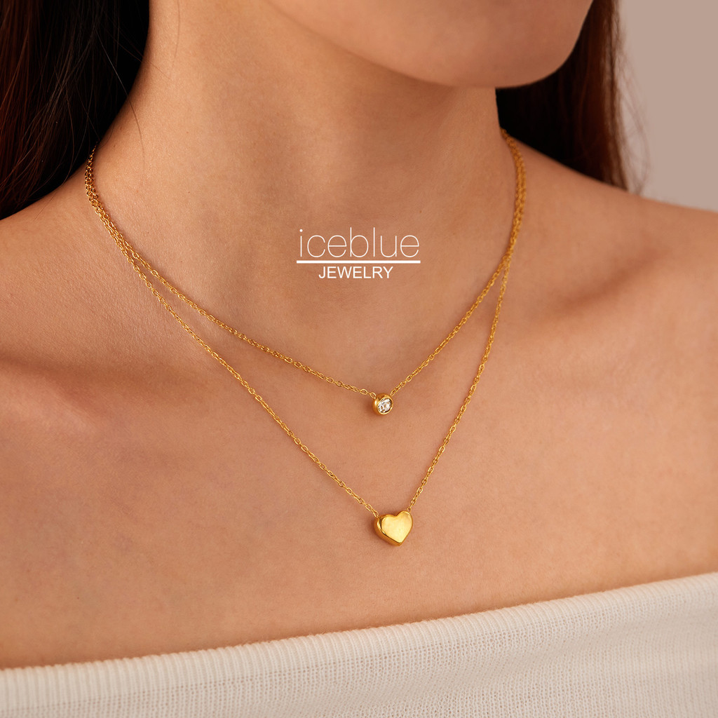Iceblue-Heart จี้สร้อยคอ Double Layer 18K สแตนเลสสตีล Hypoallergenic กันน้ํา Non Tarnish แฟชั่นทุกวันเครื่องประดับของขวัญสําหรับผู้หญิง N204