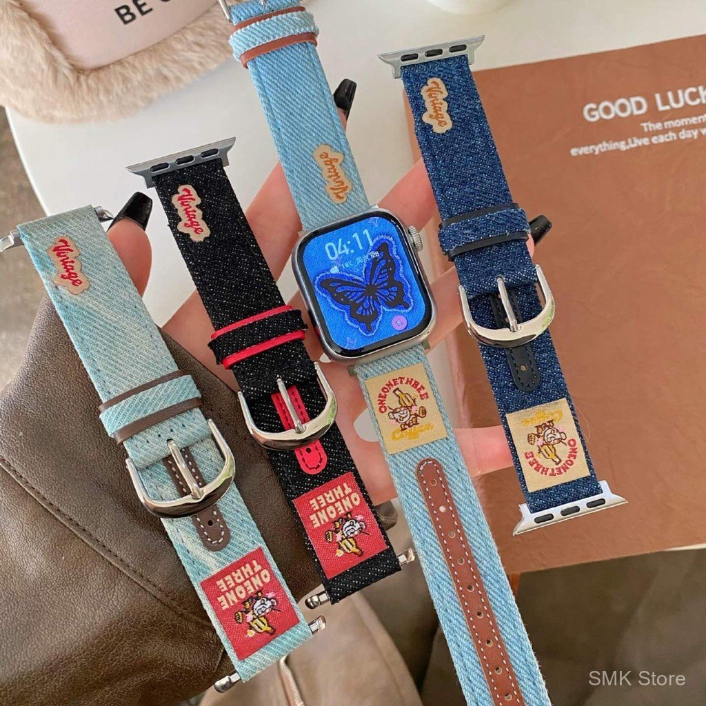 ป้ายปักการ์ตูนยีนส์และสายหนังเหมาะสําหรับ Apple Watch iwatch11 Generation987654อัลตร้า/ซี