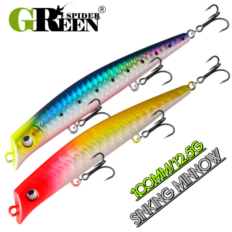 GREENSPIDER Sinking Minnow เหยื่อตกปลา 100 มม.12.5g Jerkbait Bass Pike Carkbait Wobblers Swimbait Professional Hard เหยื่อ