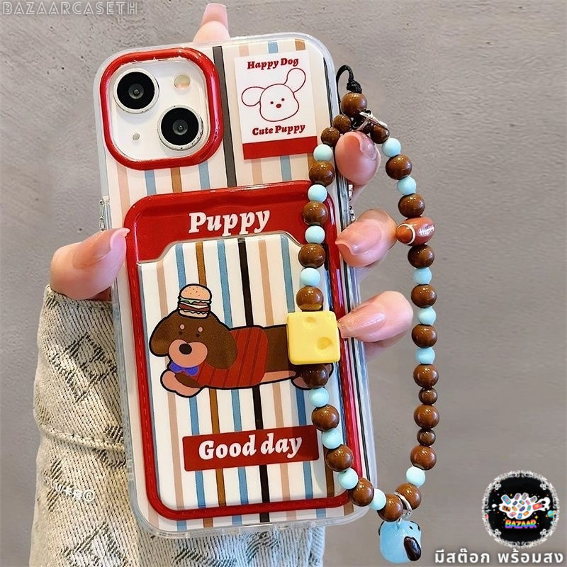 พร้อมส่ง เคสสำหรับไอโฟน14 ลายแดง หมาดัชชุนด์ เคสช่องใส่การ์ด สายข้อมือ For iPhone17 16 11 12 13PROMAX 14 15PLUS 7/8 SE2