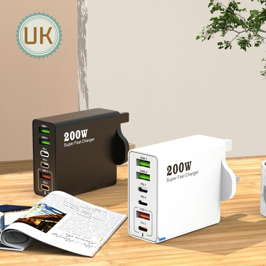 200W usb charger 3USB+3PD Charger Quick Power Adapter UK charger multi-port charger หัวชาร์จ