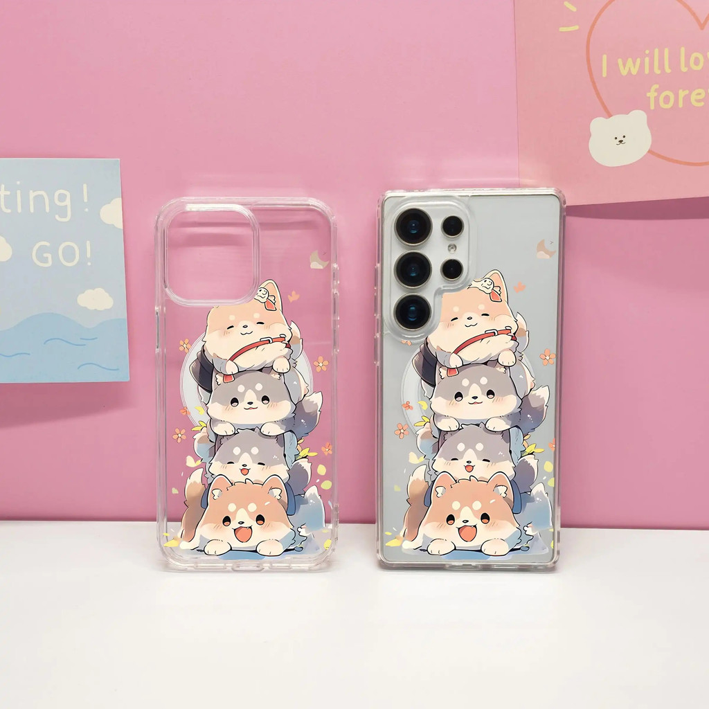 สําหรับSamsung s26 Ultra S25 FE S25 UltraกรณีS24 Ultra S24 FEน่ารักการ์ตูนA56แม่เหล็กS23 Hard Shell 17 promax 16 15 14 13 12 โปร่งใสStackedสุนัข