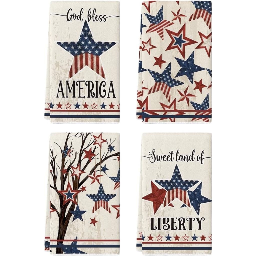 โหมด Artoid America Stars Tree Patriotic 4th of July ผ้าขนหนูจาน, 18x26 นิ้ว Farmhouse Memorial Day 