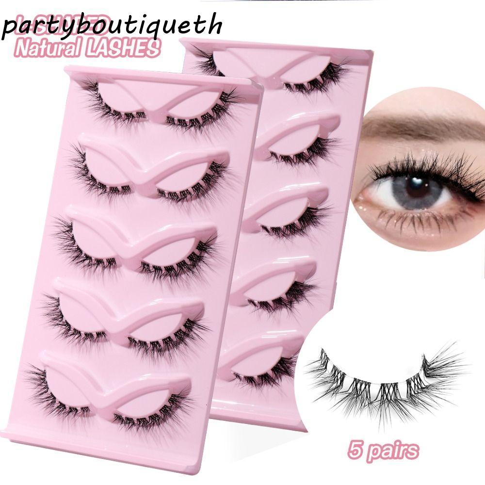 PART 5 คู่ Cat Eye ปลอม Lashes, Eye Tail ยาว 3D L Curl ขนตาปลอม, นํากลับมาใช้ใหม่ Full Strip ยาวปีกเ