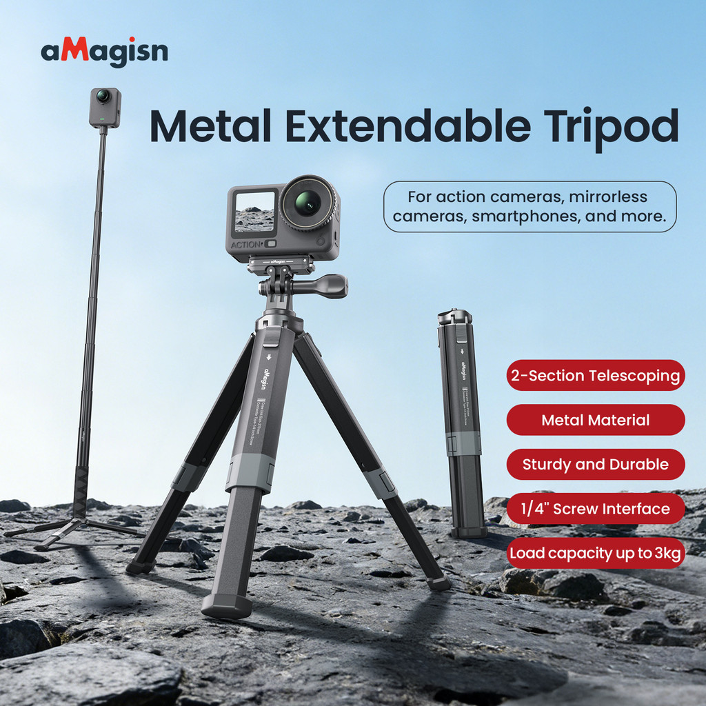 AMagisn ขาตั้งกล้องแบบขยายได้โลหะเหมาะสําหรับชุดกล้องแอคชั่น Insta360/DJI/GoPro อุปกรณ์เสริมเมาท์สากลสําหรับกล้อง DSLR และการใช้งานกีฬา 语气