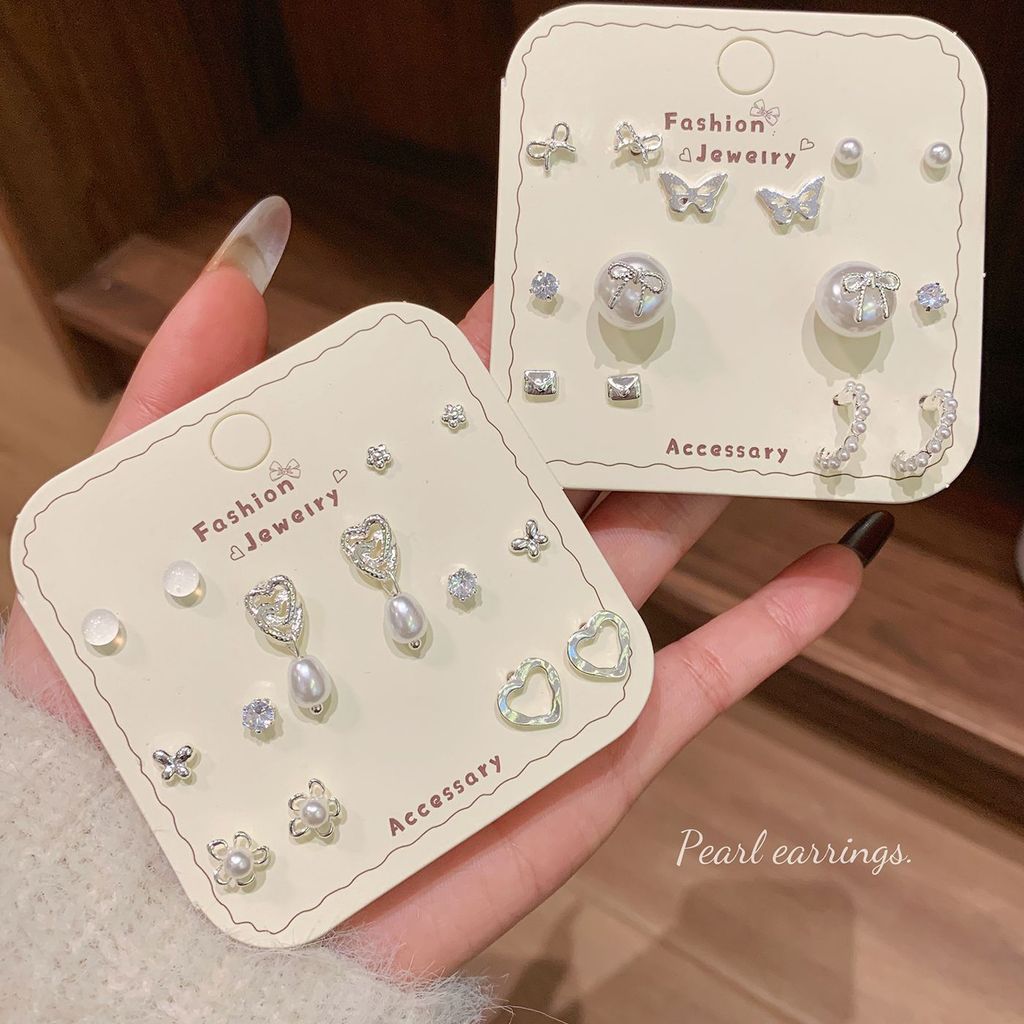 ต่างหูชุดผู้หญิง สไตล์ Simple Butterfly Love Heart แบบคลาสสิกสีเงิน เหมาะสำหรับสวมใส่ประจำวัน