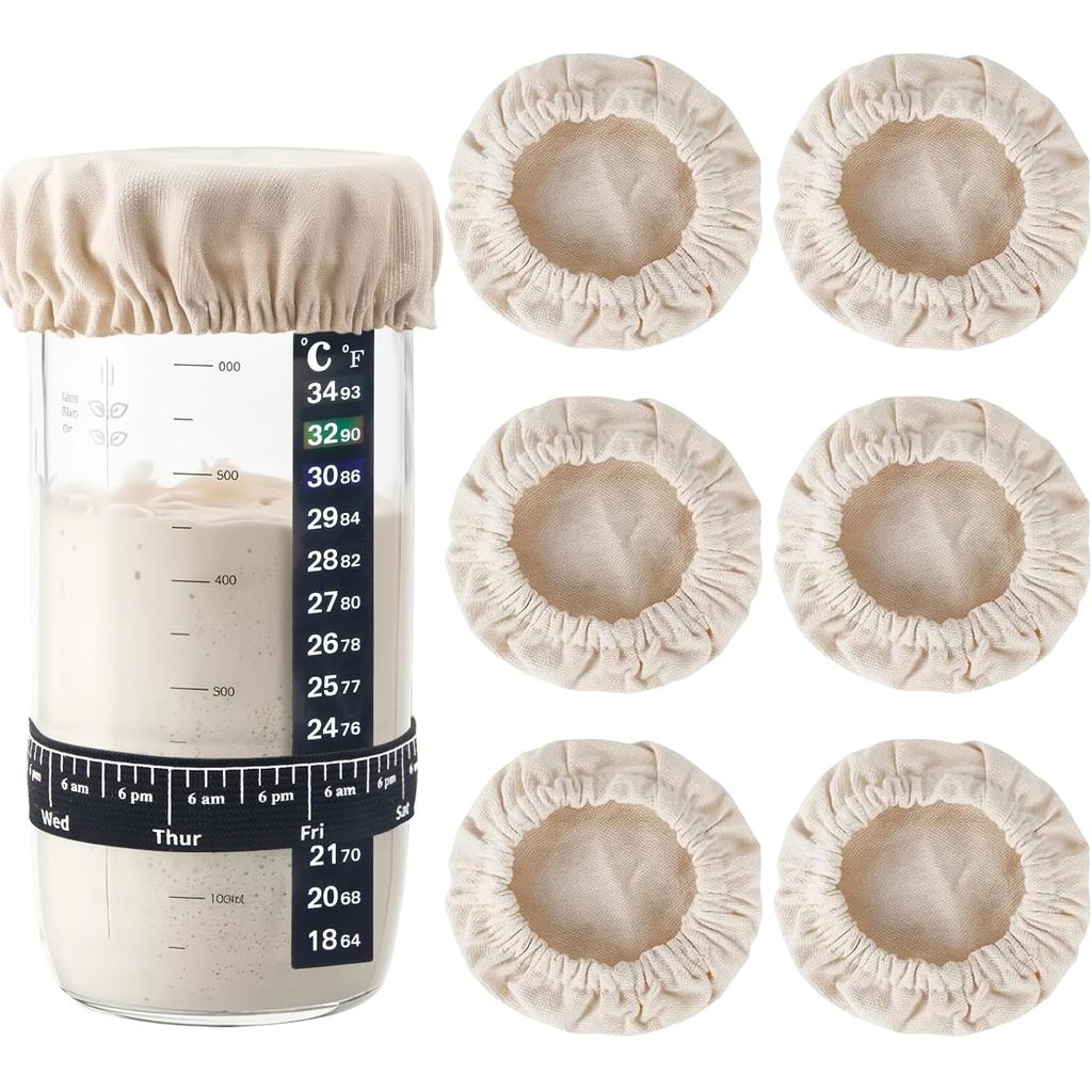 8PCS ผ้าสําหรับ Sourdough Starter Jars 6 Reusable ผ้าลินิน,เครื่องวัดอุณหภูมิ & Time-Tracker Band - 
