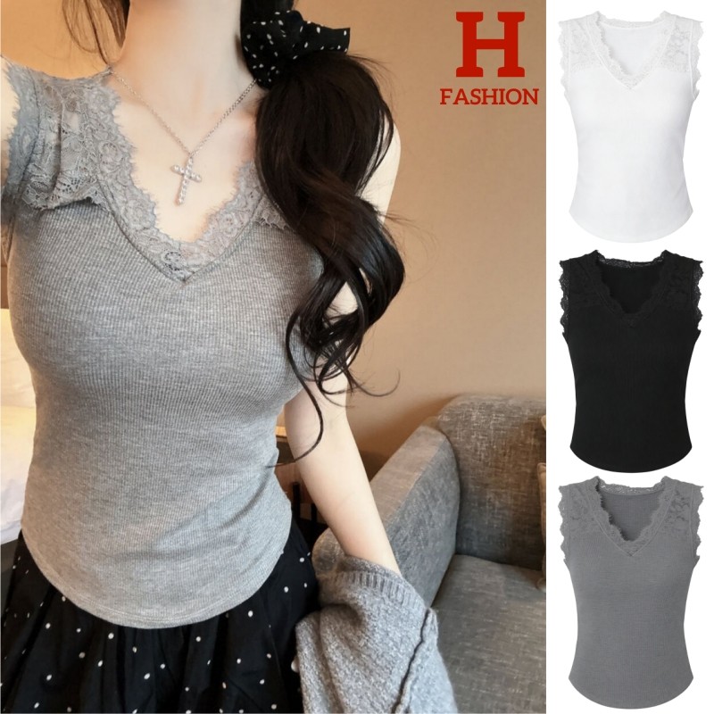 HOT 'พร้อมส่ง' เสื้อกล้าม ขอบลูกไม้ ผ้ายืดยุ่นเข้ารูป สีพื้นเรียบๆ ใส่สวยสบาย FY10179
