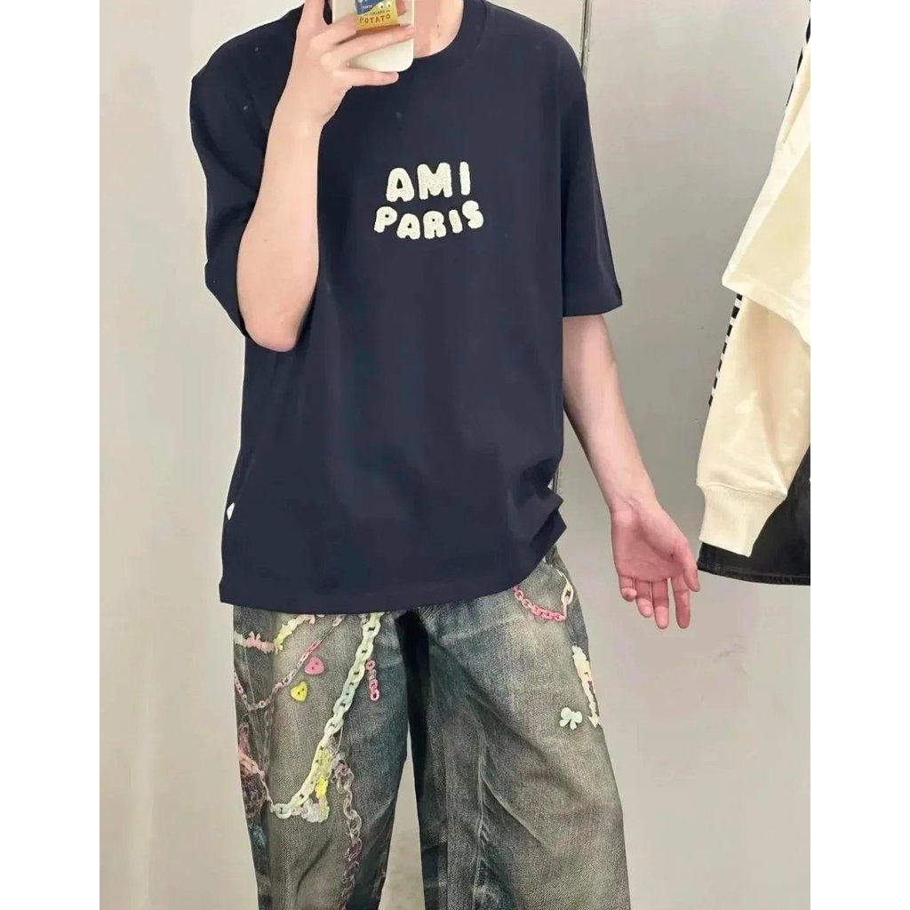 หัวใจเดียวกันผู้ชายผู้หญิงTแขนสั้นหนักสไตล์หลวมคู่Parisเสื้ออเมริกันปักเสื้ออินเทรนด์Tครึ่งเสื้อใหม่