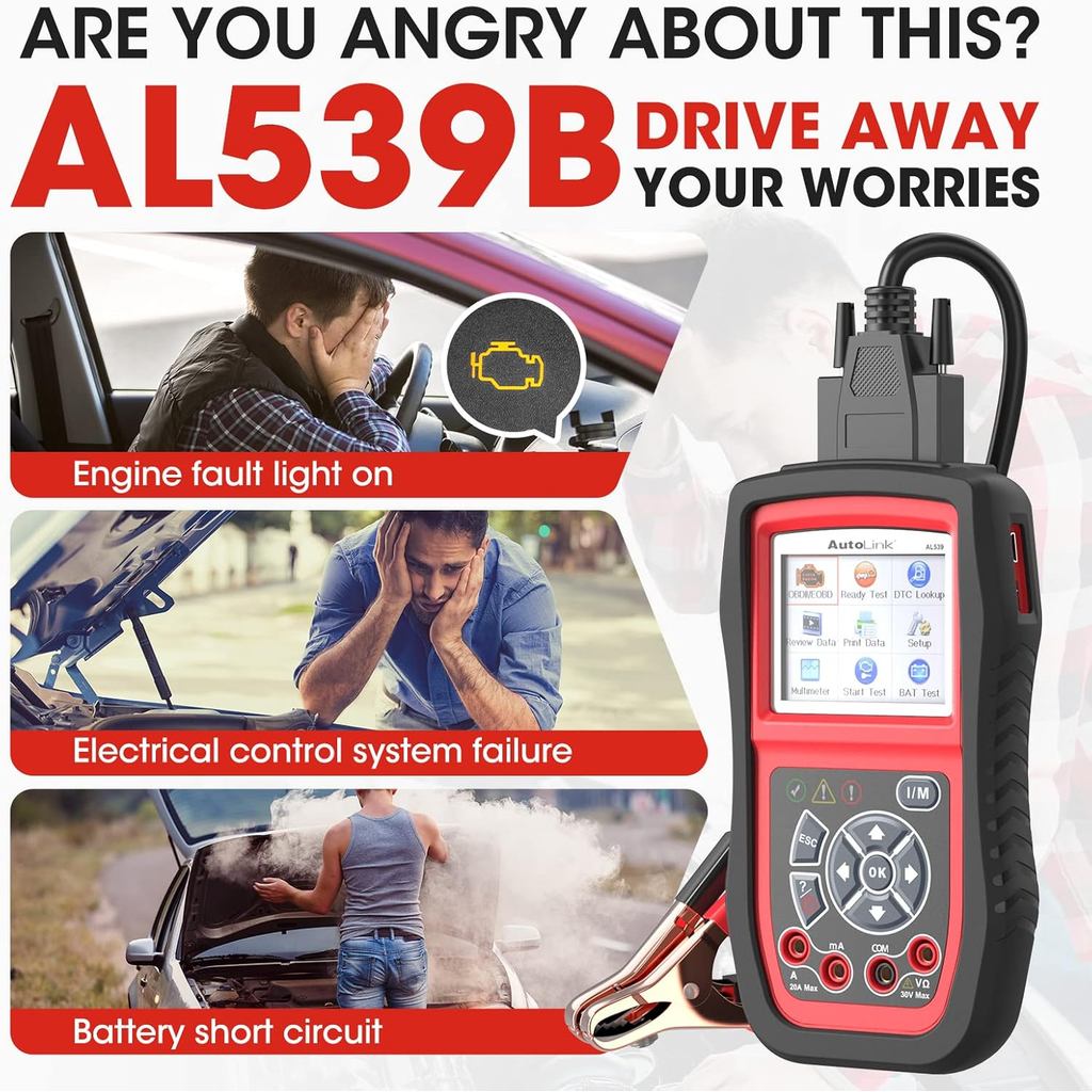 เครื่องสแกนเนอร์ Autel AL539B OBD2, เครื่องทดสอบแบตเตอรี่เครื่องอ่านรหัส 3-in-1 Avometer สําหรับแบตเ