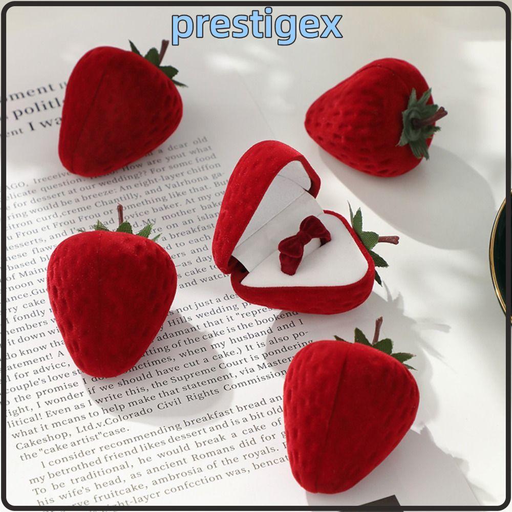 PRESTIGEX กล่องแหวนสตรอเบอร์รี่, กล่องของขวัญสีแดงสีชมพูเครื่องประดับงานแต่งงาน, แฟชั่นโรแมนติก Organizer Flocking พลาสติก Flocking แหวนกล่องเก็บแหวนและต่างหู