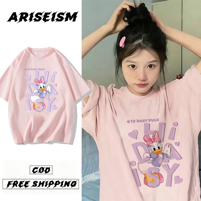CODOversize เสื้อยืดผู้หญิงการ์ตูน Disney Mickey พิมพ์น่ารักฤดูร้อนใหม่รอบคอสีชมพูแขนสั้นด้านบนอเนกป