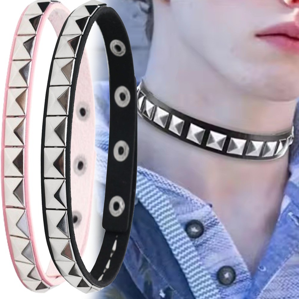 Punk Gothic หนัง Rivet Choker Vintage Y2K 3D Square Studded สร้อยคอ Subculture คอสเพลย์ Party เครื่อ