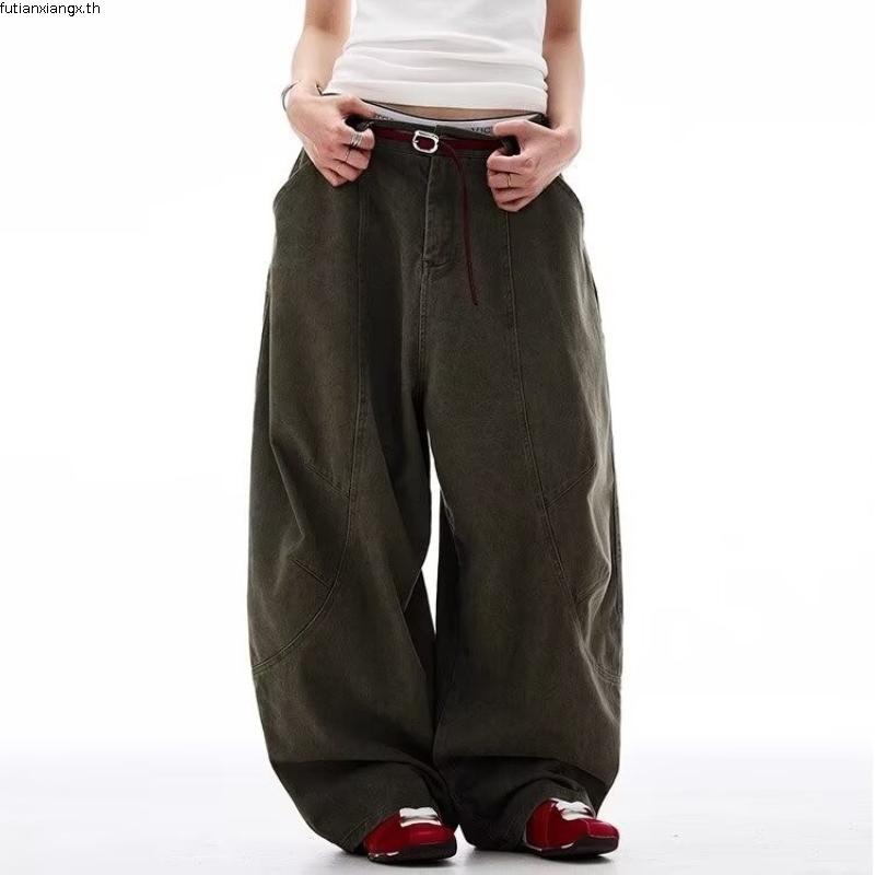 Baolongxin Casual American Retro Army Green Machete Jeans กางเกงเคียวขากว้างใหม่
