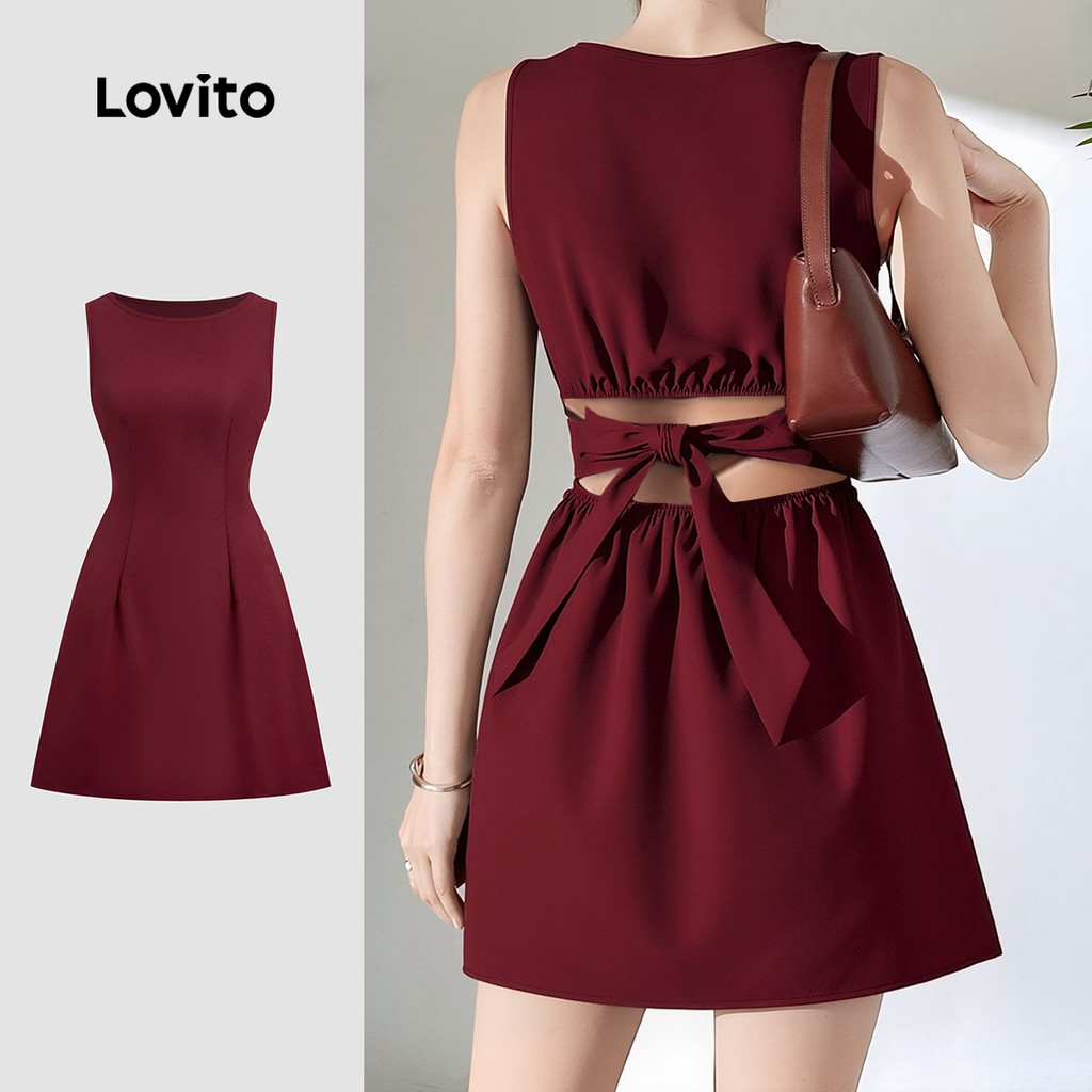 Lovito เดรสสายรุ้งแบบสบาย ๆ แขนเปิดหลัง โค้งสำหรับผู้หญิง สปริง/ซัมเมอร์ สีคาร์เรเลต์ L158ED326