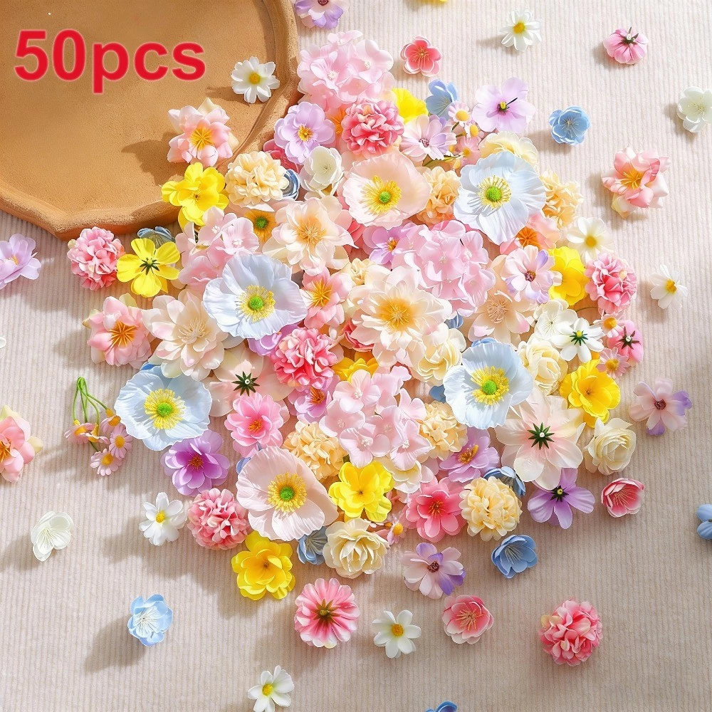 20/50ชิ้น ผสมดอกไม้ประดิษฐ์ที่มีสีสันดอกไม้ปลอมหัว2-5ซม.ไฮเดรนเยียกุหลาบเดซี่เชอร์รี่ดอกป๊อปปี้เครื่องประดับตกแต่งบ้าน ทําเอง อุปกรณ์จัดแต่งงา