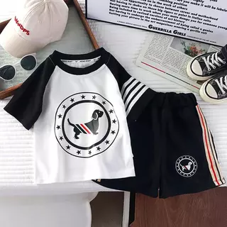 Dolemi Baby ชุดเด็ก เสื้อแขนสั้น กางเกง 2ชิ้น ขาสั้น สายสุนัข สีกรม สีดำ สีขาว ผ้าวาฟเฟิล คอตตอนผสมโพลีเอสเตอร์