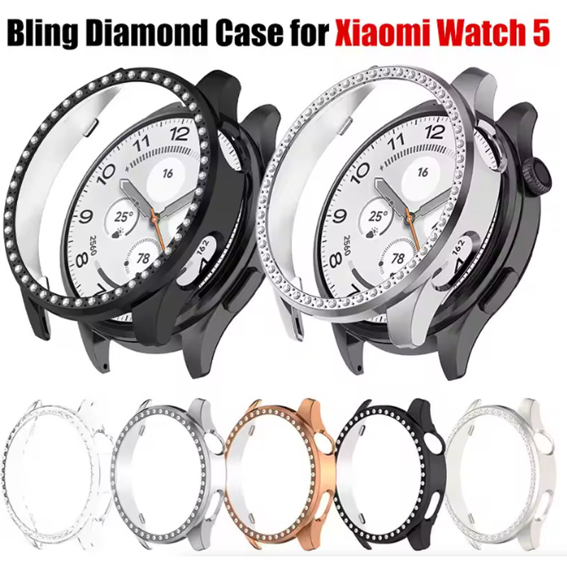 Bling Diamond Case สําหรับ Xiaomi Watch 5 เคสป้องกัน PC ฝาครอบกันชนไม่มีกระจกสําหรับ Xiaomi Watch 5 