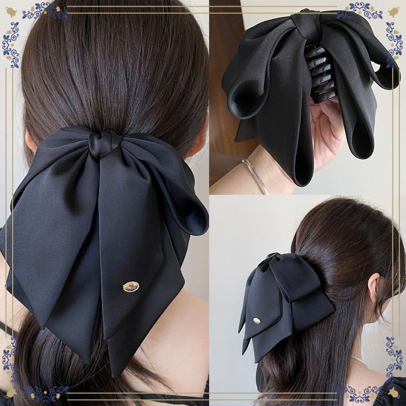 กิ๊บรัดผมสไตล์หางม้า แบบโบว์ซาตินสีดำ พร้อมคลิปหนีบผมเงินสดใส เหมาะสำหรับผู้หญิง