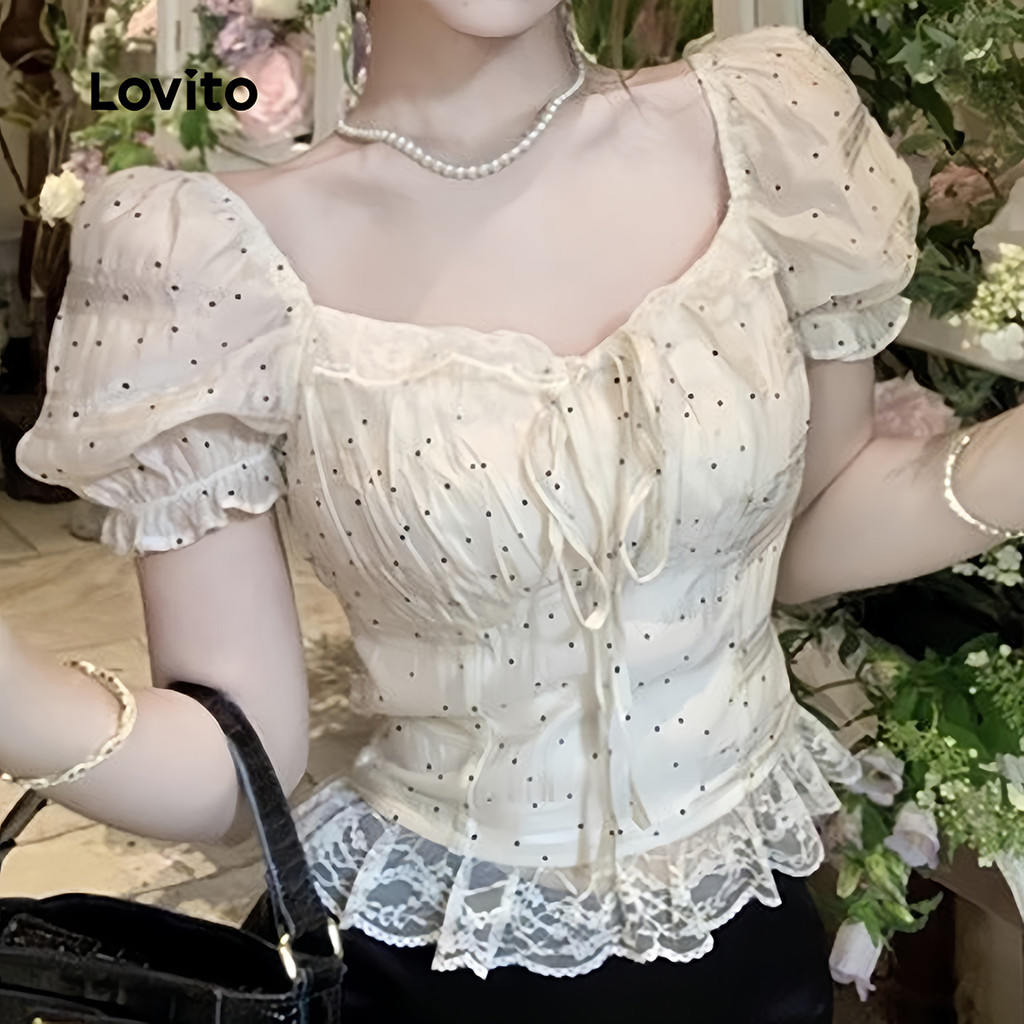 Lovito เสื้อเบลาส์ลูกไม้สีขาวสําหรับฤดูใบไม้ผลิ/ฤดูร้อนสําหรับผู้หญิง LK2LD331