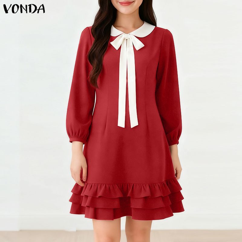 VONDA ชุดเดรสผู้หญิงสไตล์เกาหลี ดีไซน์ที่เรียบหรู มีโบว์และระบายหลายชั้น — صورة 5