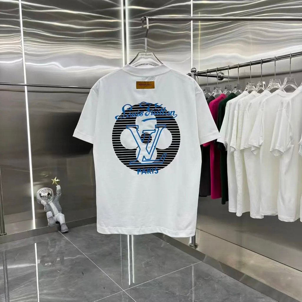 รุ่นยอดนิยม V กลับ Flocking ดอกไม้สี่ใบพิมพ์โลโก้ผ้าฝ้ายแท้รอบคอสบายๆสบาย Texture แฟชั่น All-Match เ