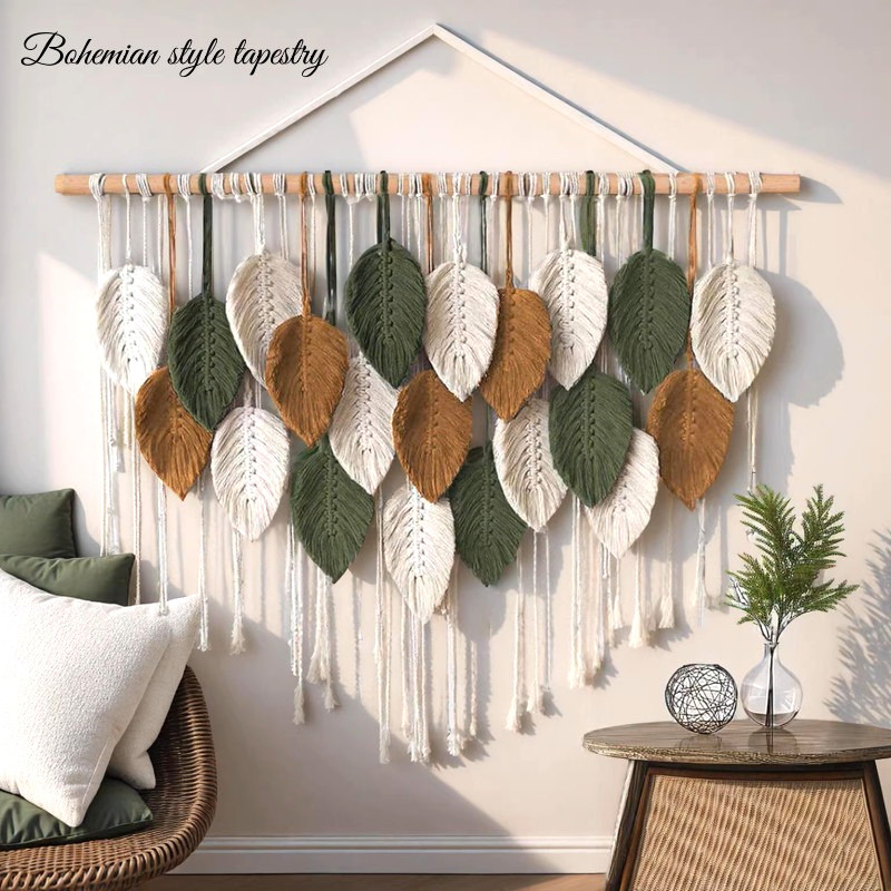 ผ้าทอแขวนผนังแฮนด์เมด Boho ตกแต่งผนังผ้าฝ้าย |Wall Art Leaf Tapestry ตกแต่งห้องนั่งเล่น ห้องนอน พรมแขวนจุดถ่ายรูปสวย