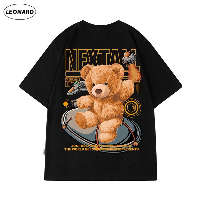 จี.  เกาหลี Vintage Bear พิมพ์ T เสื้อผู้ชาย Plus ขนาดขนาดใหญ่ Tee แขนสั้นเสื้อ T ลําลองหลวมรอบคอด้า