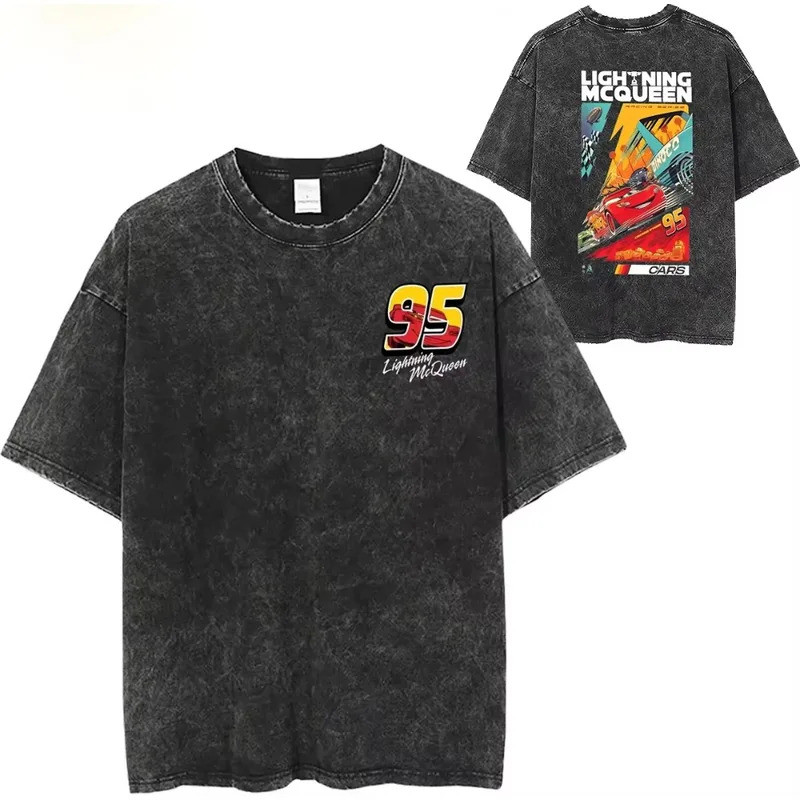 2026时尚 2026MINISO ล้าง T เสื้อ Lightning McQueen รถยนต์ 95 Hip Hop เสื้อยืดวินเทจ Street-wear ผ้าฝ้า
