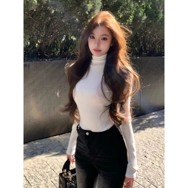 สีขาวคอเต่าเสื้อกันหนาวผู้หญิงฤดูใบไม้ร่วงฤดูหนาวสาวร้อนสวมใส่Slim-fit SlimmerดูแขนยาวSuper Niceด้าน