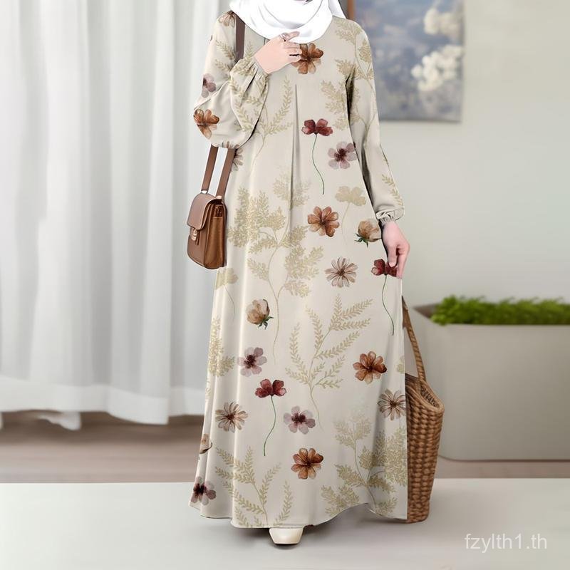 มีหลายสี! ชุดเดรสแม็กซี่ทรงหลวมสไตล์อภิบาลอ่อนโยนพร้อมฐานสีเบจอ่อนและพิมพ์ลายดอกไม้และใบไม้แนววินเทจ5แบบให้เลือกออกเป็นกลิ่นอ่อนโยน