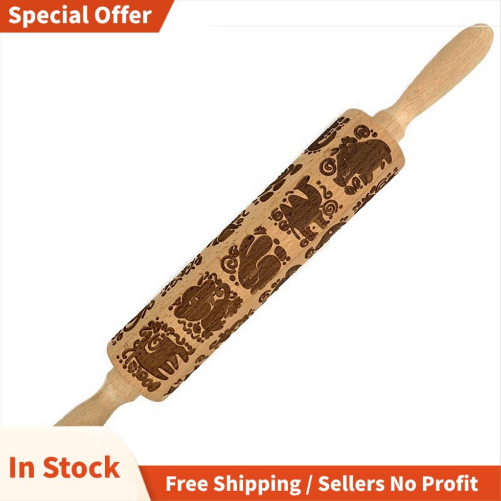 1 ชิ้นสัตว์พิมพ์นูน Rolling Pin คุกกี้ Rolling Pin, As Shown ลูกกลิ้งพื้นผิวไม้ขนาดใหญ่สําหรับเบเกอร