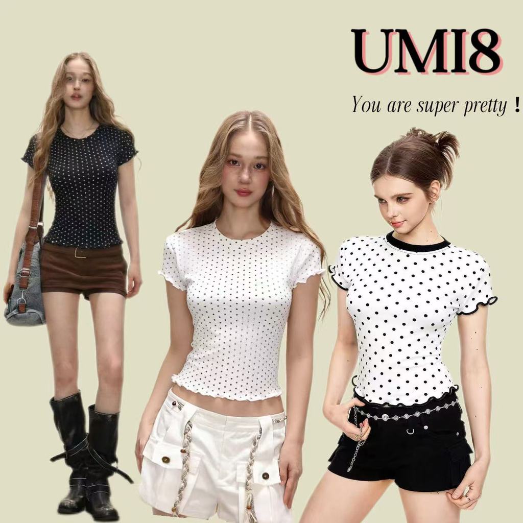 UMI8💝【ในสต็อก】💝 เสื้อยืดแขนสั้นคอกลมผ้าเทนเซลลายจุดสำหรับผู้หญิง ทรงเข้ารูปสำหรับฤดูร้อน ดีไซน์ใหม่ปี 2025
