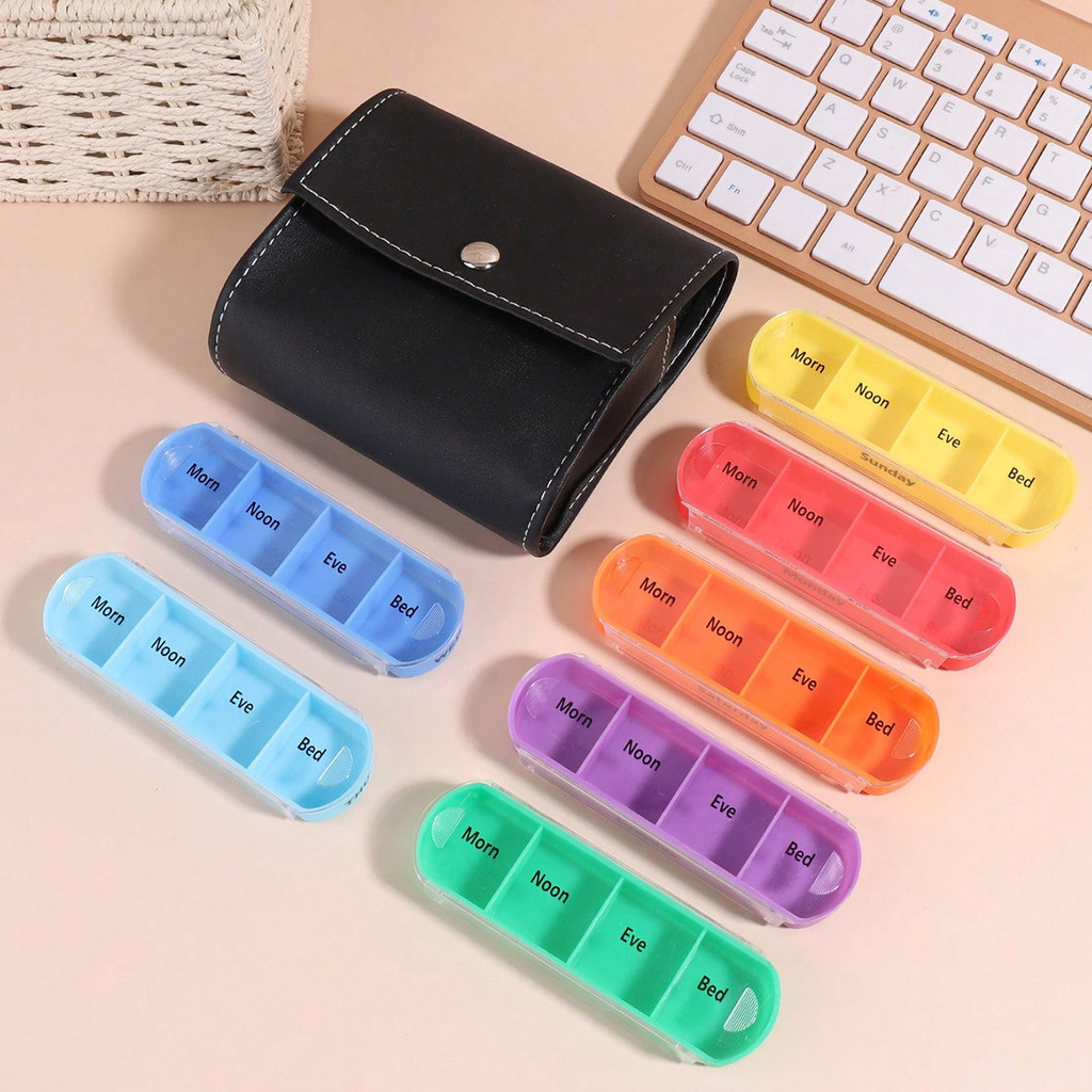 Leather Portable Colorful Pill Box, Wallet Style,Seven Colors for a Week,28-Compartment Moisture Pro