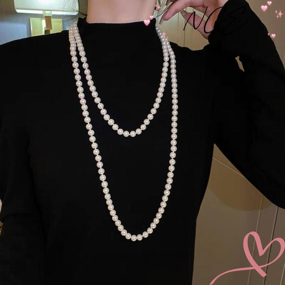 NCE สร้อยคอมุกเทียม, สร้อยคอยาวประณีตหลายชั้น, สร้อยคอลูกปัดมุกวินเทจสไตล์หรูหราผู้หญิงแฟชั่น