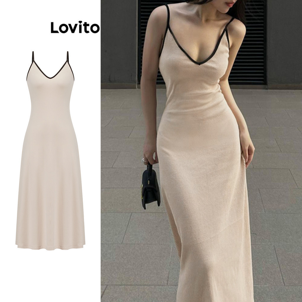 Lovito ชุดเดรสผู้หญิง คอแต่งขอบสี สีพื้น สไตล์ลำลอง L106AD304