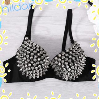 HILDA เสื้อชั้นในสตรี, Punk Silver Rivets Rave Bralette ชุดช…