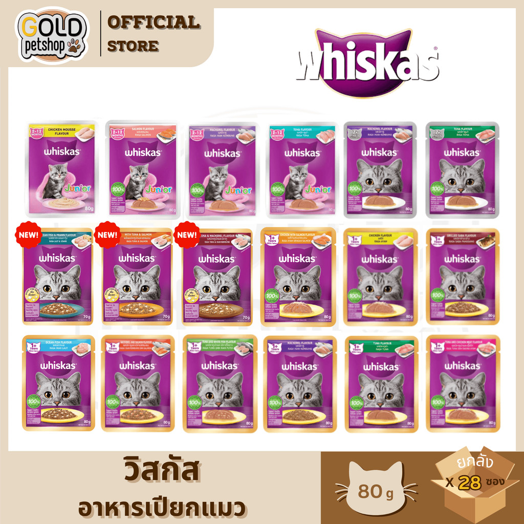 Whiskas อาหารเปียกแมว (ยกลัง 28 ซอง)  วิสกัส เพาซ์ อาหารแมวเปียก ขนาด 80g