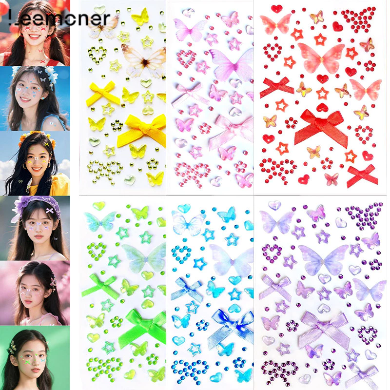 【Lemon】Hollow Star Heart Face Stickers Mesh Bow Rhinestone Creative Decals Eye Makeup Decoration-LN