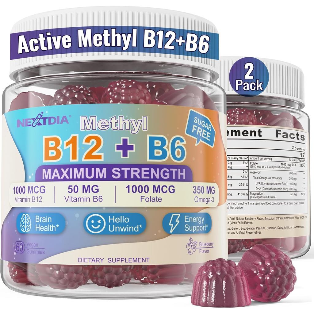 วิตามิน B12 & B6 Gummies Boost Energy, w/Methyl B12 1000mcg, L-Methylfolate, B6, Omega-3 DHA, Magnes
